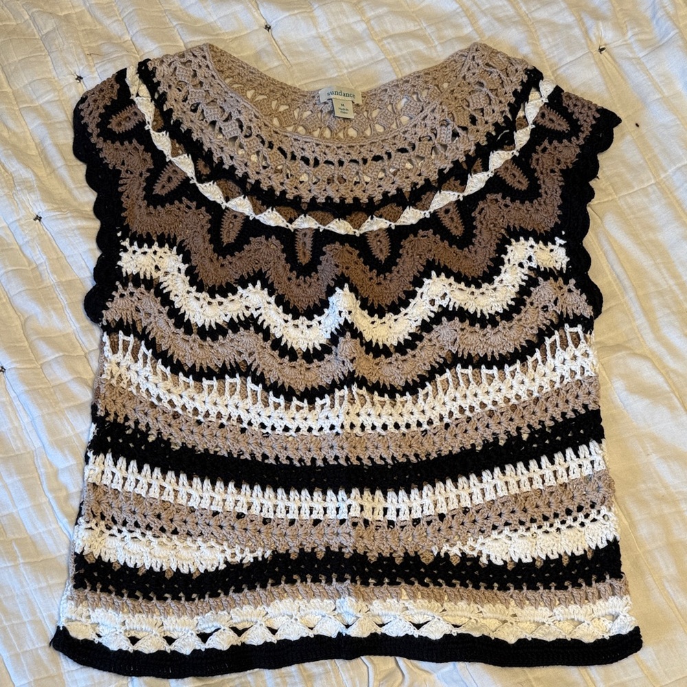 Sundance Crochet Short Sleeve Top - Black, Brown, Cream